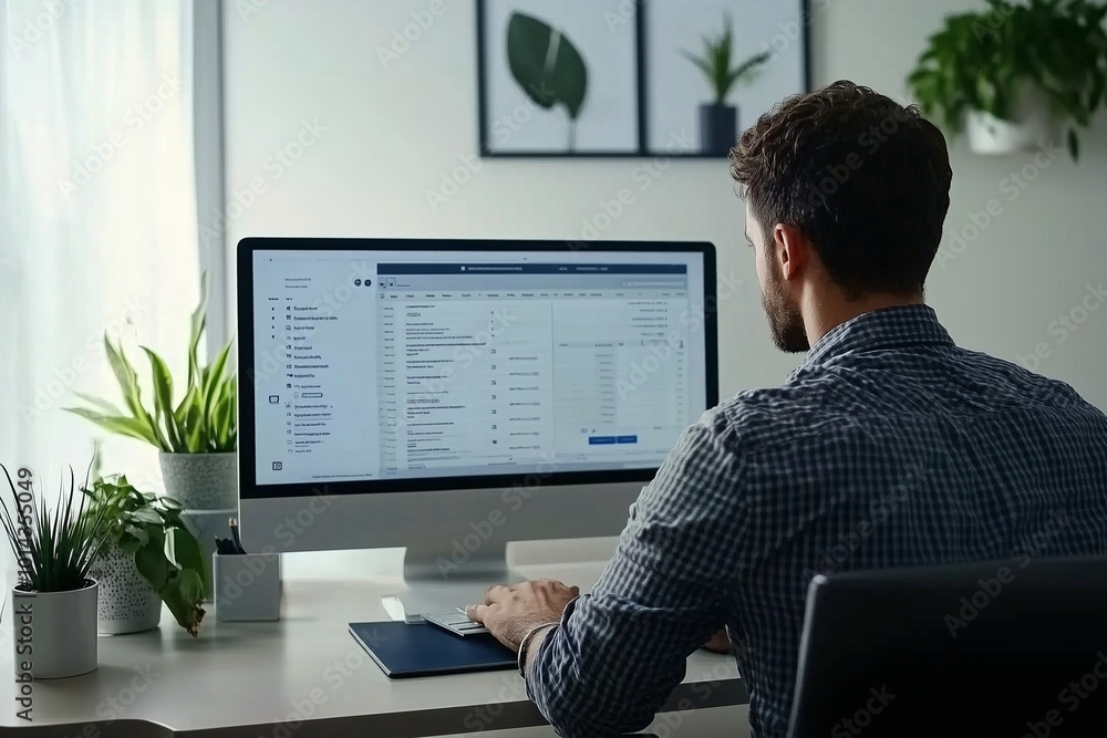 Poster man is sitting at a desk in front of a computer monitor. he is typing on the keyboard and looking at