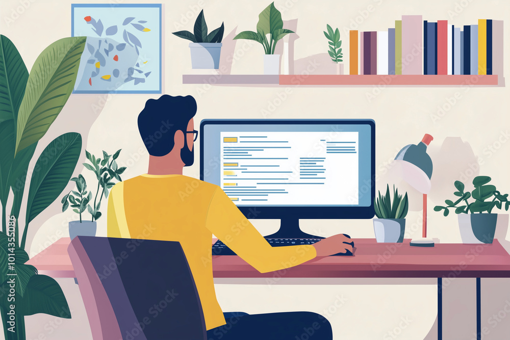 Poster man is sitting at a desk with a computer monitor in front of him. he is typing on a keyboard and has
