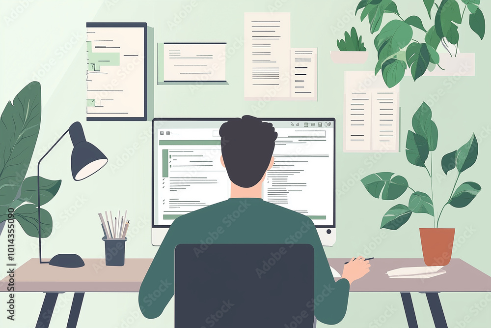 Poster man is sitting at a desk with a computer monitor in front of him. the desk is cluttered with papers 