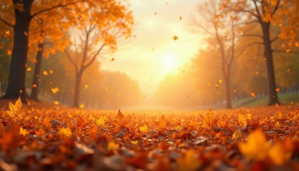 Scenic Autumn Landscape with Falling Leaves and Yellow Trees Under Bright Sky