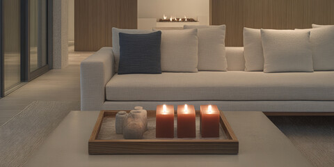 Cozy living room with candles and neutral decor in a modern interior design setting