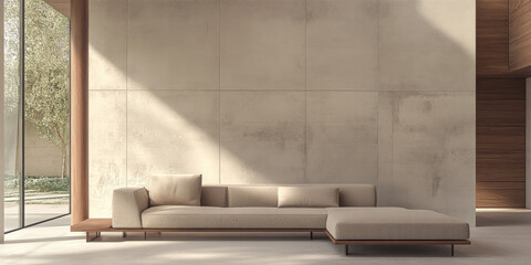 Modern minimalist living room with natural light and earthy tones in a spacious setting