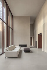 Modern minimalist living room with large windows and neutral decor in a contemporary building