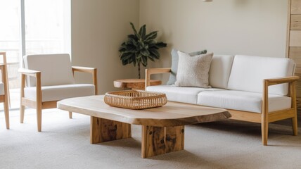 Modern Living Room with Wooden Furniture and White Sofa