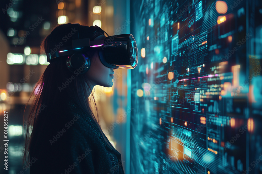 Poster woman wearing a virtual reality headset is looking at a computer screen with a lot of numbers and li