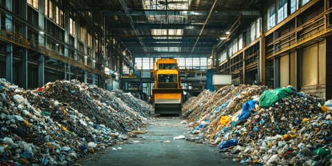 photograph of Trash piles neatly arranged in a recycling plant with machinery working in the background