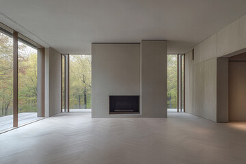 Modern minimalist interior with large windows and a fireplace overlooking a natural landscape