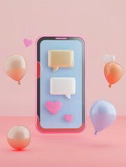 A 3D render of a smartphone displaying chat bubbles on a social media app, ideal for web banners, app mockups, and digital communication concepts