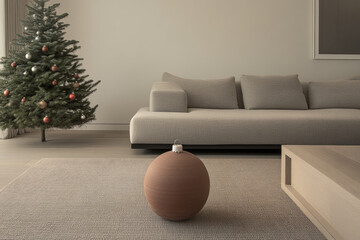 Cozy living room decorated for Christmas with a tree, sofa, and minimalistic decor
