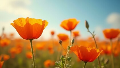 Naklejka premium Radiant Orange California Poppy Flowers in Full Bloom Under a Clear Sky