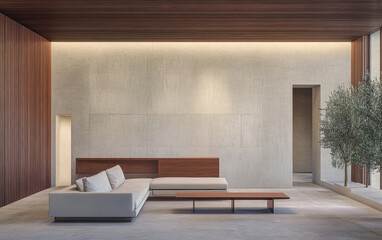Modern minimalist living room with wood accents and neutral tones in a spacious design