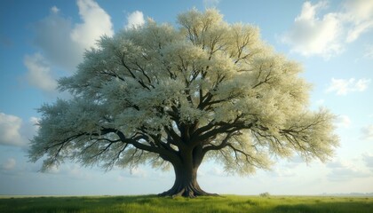 Majestic White Oak Tree Covered in Blooms Under a Cloudy Sky