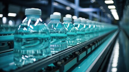 A close-up view of a line of clear plastic bottles filled with water moving along a conveyor belt in a factory setting.