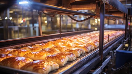 A close-up shot of a line of golden brown pastries, glistening with oil, slowly moving on a conveyor belt in a bustling factory environment.