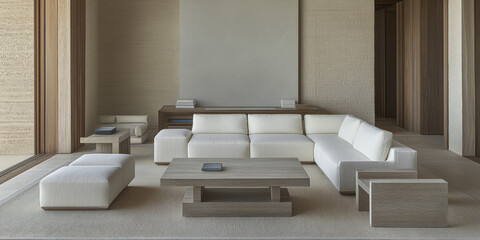 Modern minimalist living room featuring a spacious white sectional sofa and wooden furniture