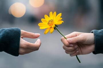 A person practicing random acts of kindness, handing a flower to a stranger, hacking happiness by spreading joy to others