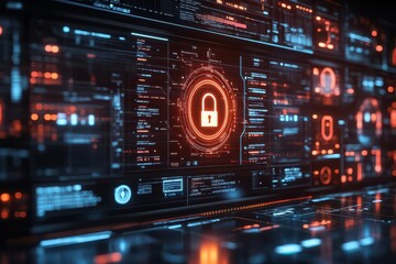 Obraz premium Futuristic financial system with digital locks and compliance regulations displayed on holographic screens, fintech security focus