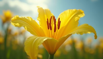 Fototapeta premium Bright Yellow Lily Flower in Front of a Clear Blue Sky