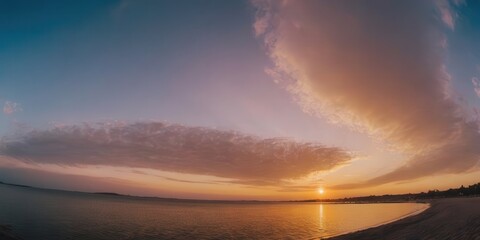 A breathtaking panoramic view of a vibrant sunset over a tranquil body of water