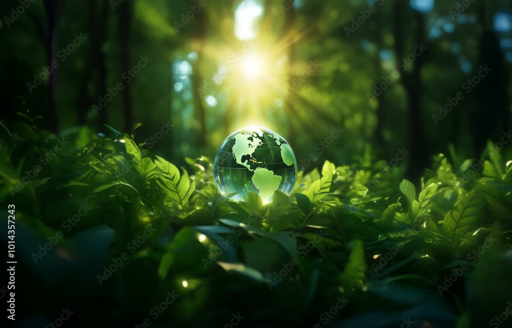 Poster a glass globe sits nestled in lush greenery, bathed in the soft glow of the sun filtering through th