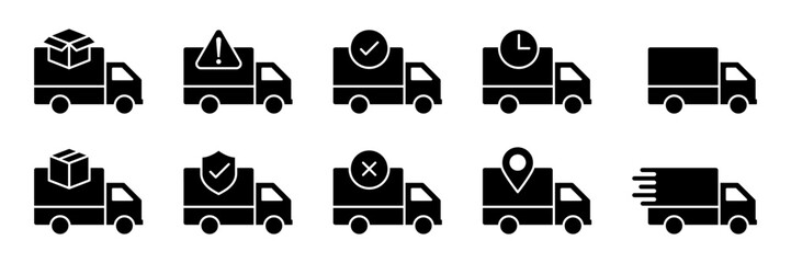 Delivery truck black line icon set. Free delivery shipping icon, home express deliver service vector label with fast car truck. Courier or parcel shipment cargo and food delivery service symbol.