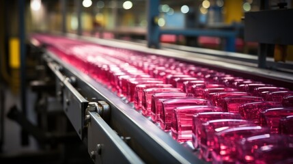Obraz premium A line of pink containers moves along a conveyor belt in a modern factory setting.