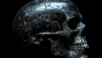 Detailed Side View of Human Skull Showing Cranial Structure and Facial Features on Black Background
