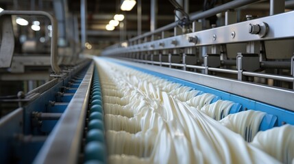 A close-up view of a white substance being processed on a conveyor belt in a factory. The belt is lined with blue rollers and the substance appears to be flowing smoothly.