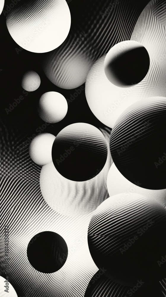 Poster abstract black and white spheres with textured patterns