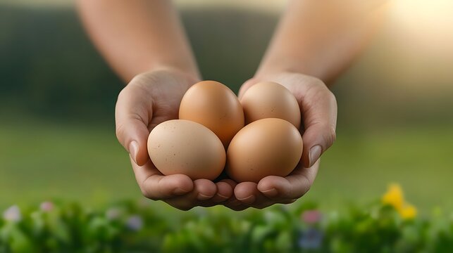 A close-up of a pair of hands gently cradling freshly laid eggs, set against a backdrop of vibrant green grass and colorful wildflowers. The sunlight casts a warm glow, emphasizing the fragility 