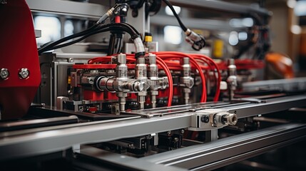 Fototapeta premium A close-up view of industrial machinery with intricate piping and automated components, showcasing the complex workings of modern manufacturing