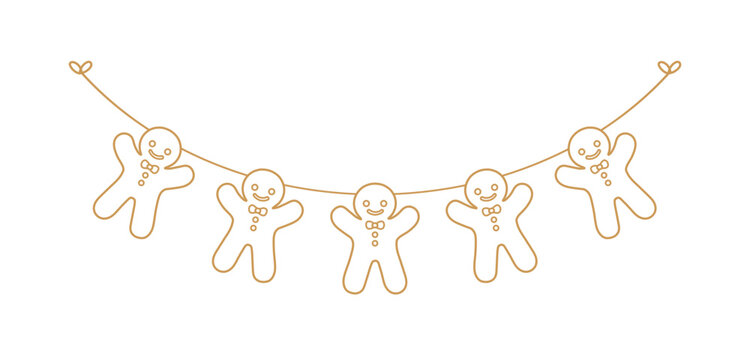 Gingerbread Cookies Garland Outline Line Art Decor, Christmas Graphics Festive Winter Holiday Season Bunting