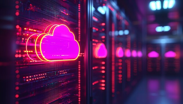 Illuminated Cloud Icons in Server Rack Representing Modern Cloud Technology Infrastructure in Data Center, Medium Shot