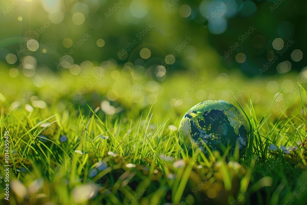 Poster concept save the world save environment the world is in the grass of the green bokeh background