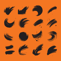 Set of Ink brush stroke silhouettes in various shapes and sizes
