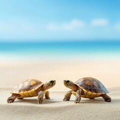 Obraz premium Two baby turtles embark on their journey across a sandy beach, showcasing the beauty of nature and the fragility of marine life in a stunning coastal setting.