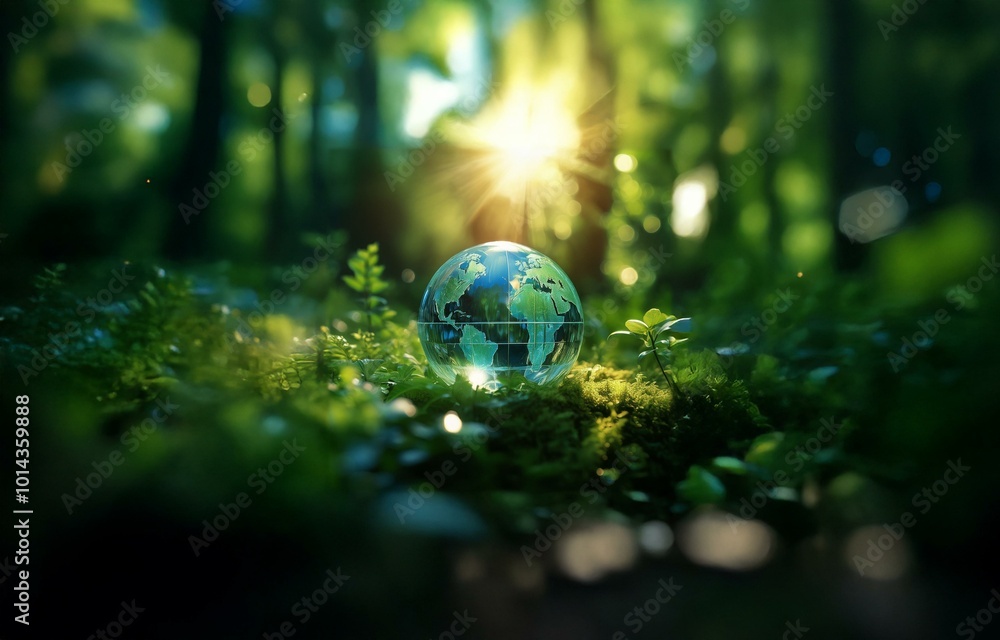 Poster a glass globe sits on a bed of moss and greenery, sunlight filters through the trees in the backgrou