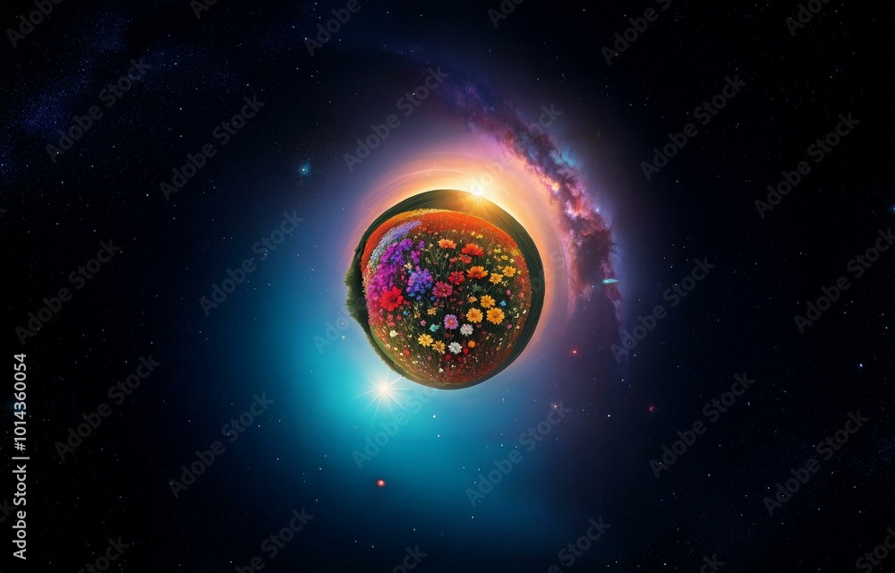 Poster a small planet covered in wildflowers orbits within a galaxy.