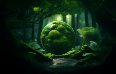 A mossy sphere floats in a dark, lush forest.