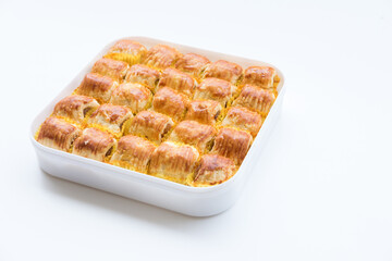 Selective Focus , Pineapple roll tart cookies or Nastar, in a box, isolated on white background.