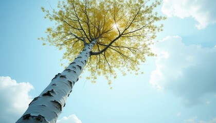 Towering Birch Tree with White Bark Against a Bright Blue Sky