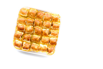 Selective Focus , Pineapple roll tart cookies or Nastar, in a box, isolated on white background.