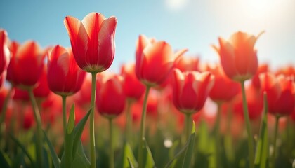 Field of Vibrant Red Tulips with Green Stems Under a Brilliant Blue Sky