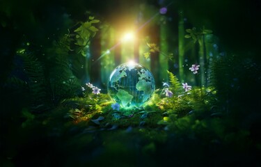 Obraz premium A glowing glass globe rests on a bed of green moss surrounded by lush foliage in a dark forest.