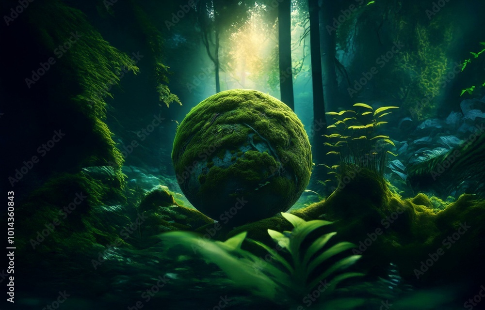 Poster a mossy sphere rests in a dense forest, sunlight filtering through the canopy above.