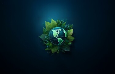 A glowing globe surrounded by green leaves on a deep blue background.