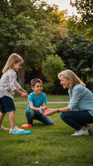 Fototapeta premium Capture moments of family members playing frisbee, tag, or card games, emphasizing fun and interaction among different age groups.