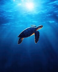 Obraz premium Sea turtle swimming through plastic waste in the ocean, symbolizing the threat of pollution to marine life