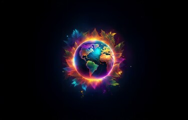 Obraz premium A colorful globe surrounded by glowing abstract leaves on a dark background.
