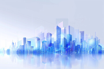 Naklejka premium A digital cityscape featuring sleek blue and white gradient skyscrapers linked by glowing geometric patterns, representing futuristic technology. Ideal for branding, presentations, and web design